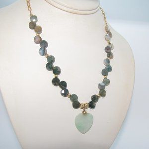 18" Artisan-made Necklace: Fancy Jasper, Green Calcite Vintage HEART, 14kt GF
